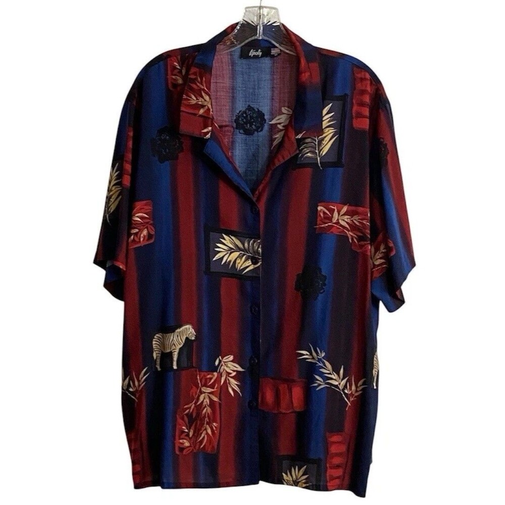 Tapestry 80s 90s Womens Shirt Size 2X Burgundy Navy Button Up Dark Tropic Goth
